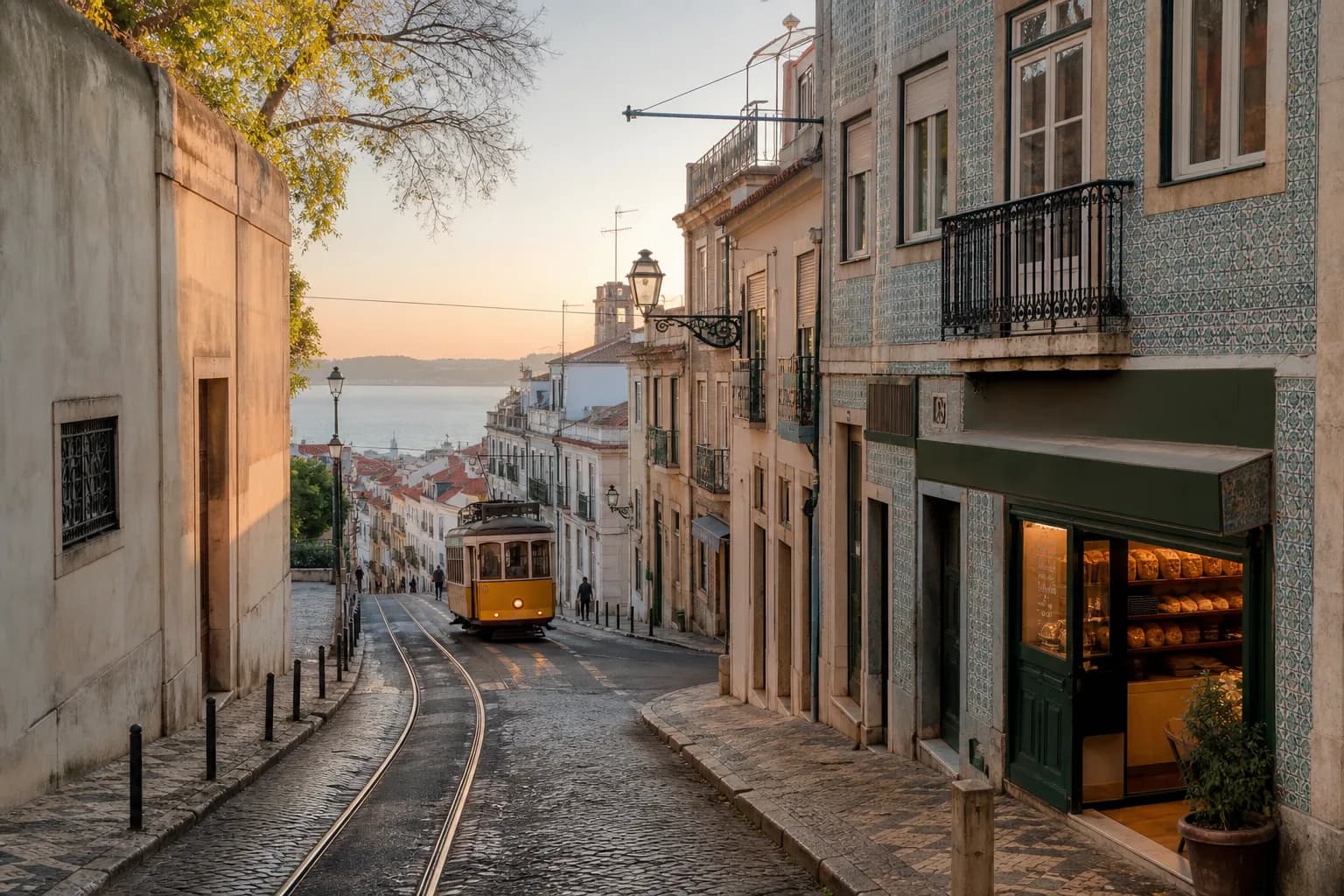A Lisbon neighborhood with tiled buildings and a tram, used for an illustrative group decision