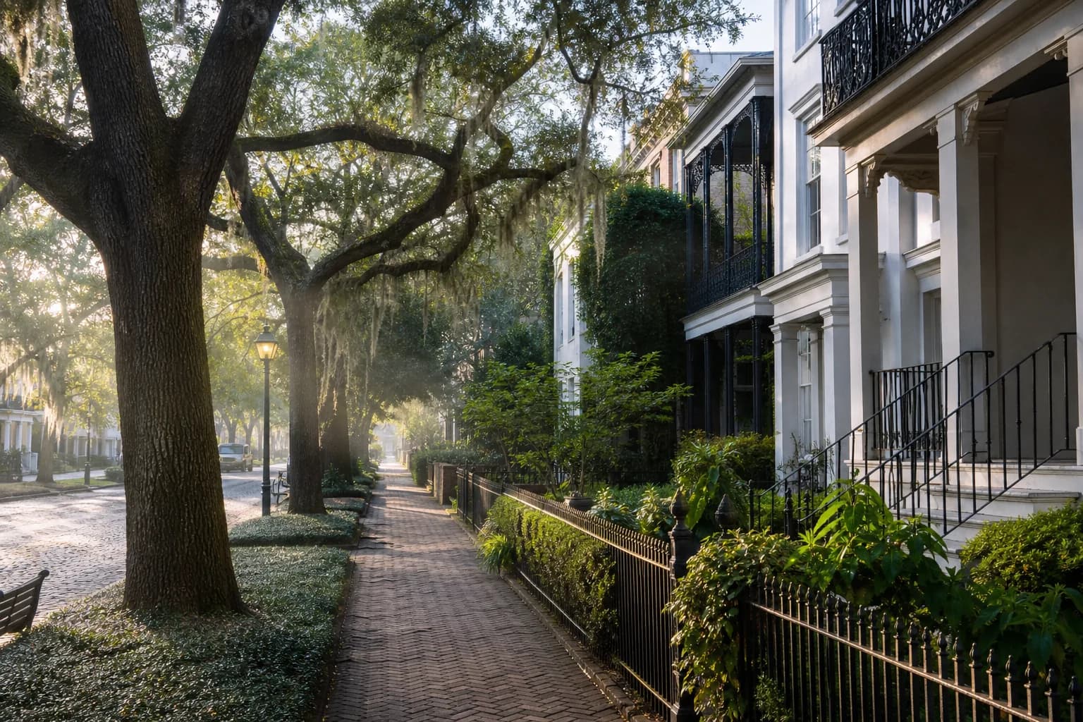 An oak-lined street in Savannah, the setting for this example trip